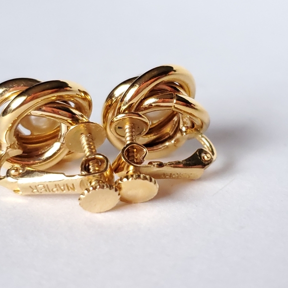 Vintage Napier Clip-On Earrings, Gold Tone Faux Pearl Screwbacks, Gift For Her - Picture 8 of 8